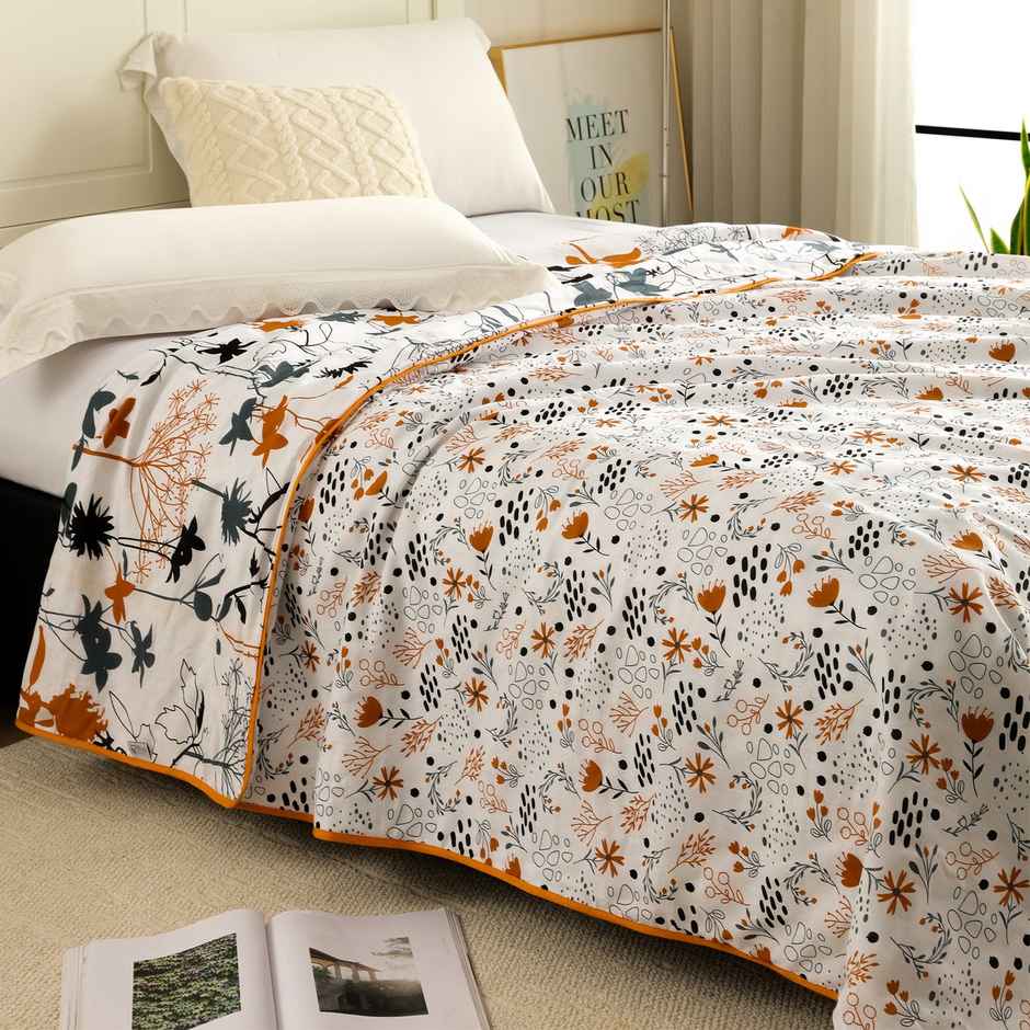 Story@home Floral Single Dohar/Duvet Cover (220x144x2 cms) - White & Orange Floral