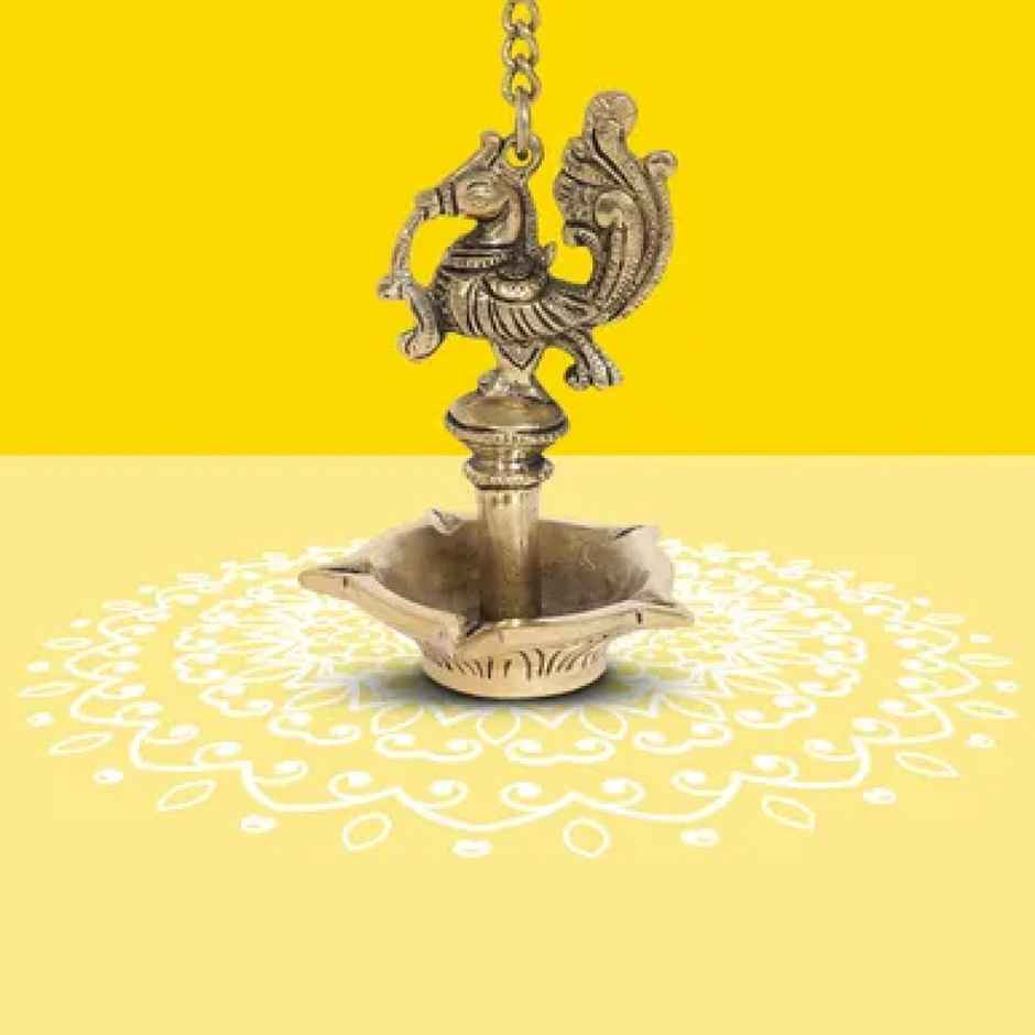 Peacock Design Brass Hanging Diya | Gold | Antique | Diya-Pooja | 10Club