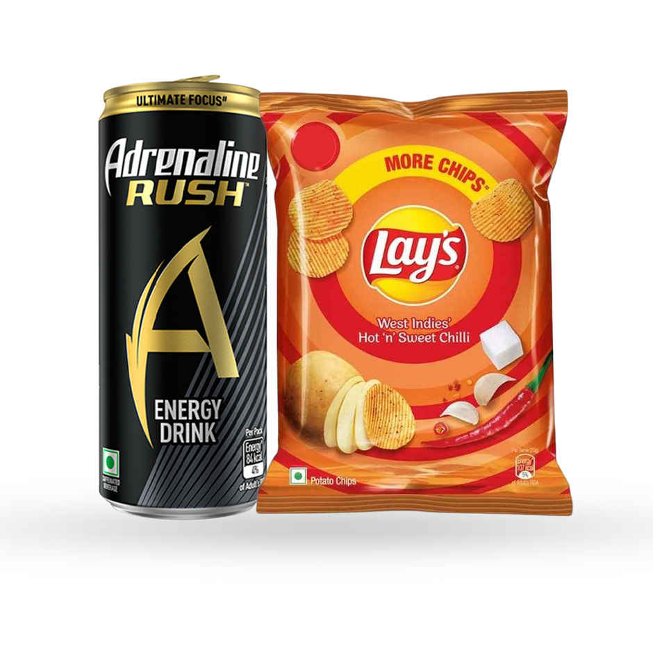 Adrenaline Rush Energy Drink - Black (300ml) & Lay'S West Indies Hot 'N' Sweet Chilli Potato Chips (50g) Combo