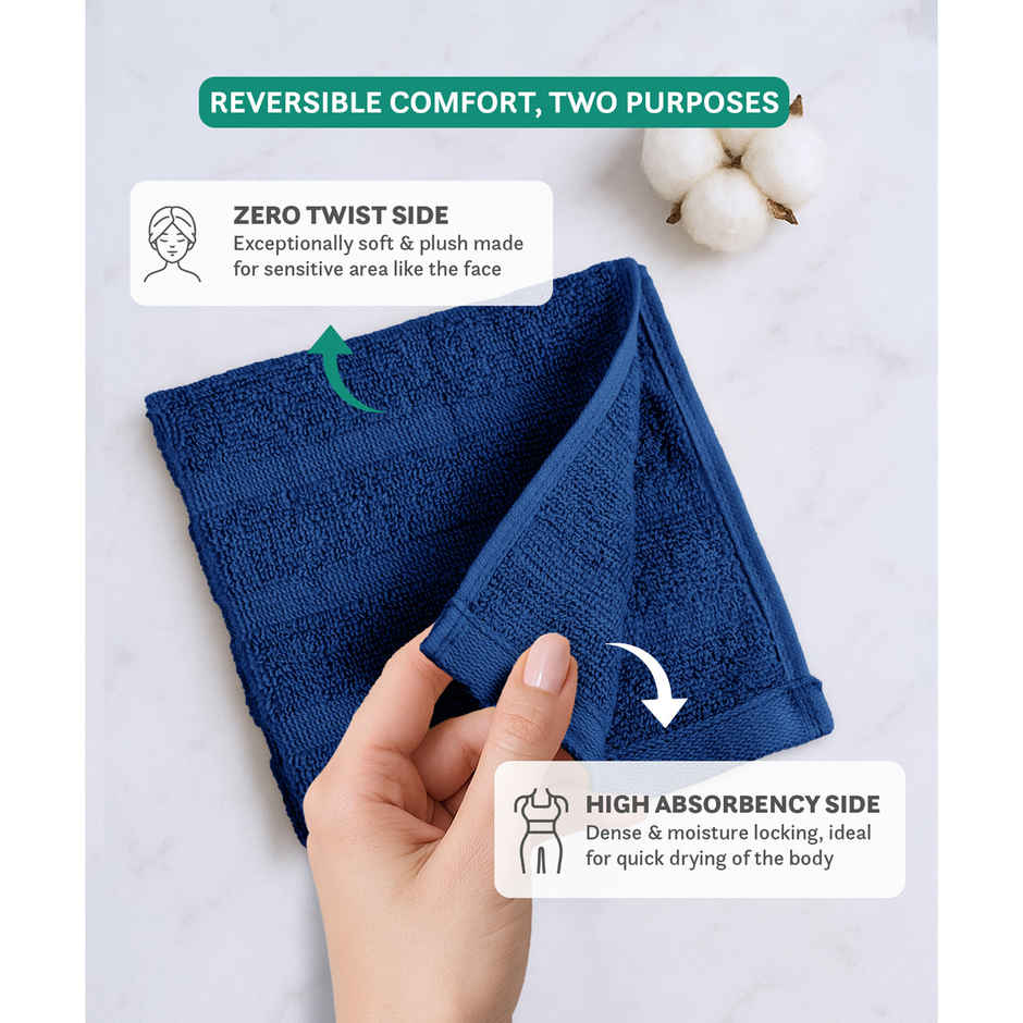 Mytrident Quick Dry Cotton Face Towel Set | 13 x 13 in | Navy Blue