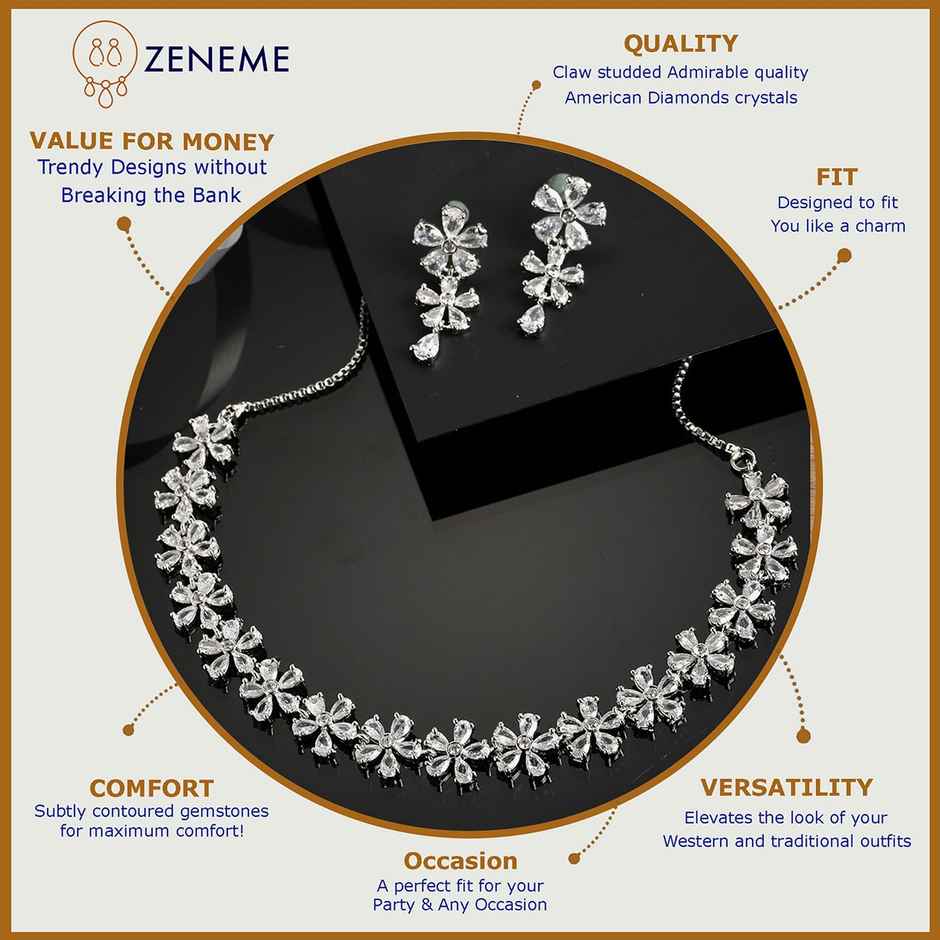 Zeneme Silver-Toned & White AD Stone-Studded Rhodium-Plated Jewellery Set For Women & Girls