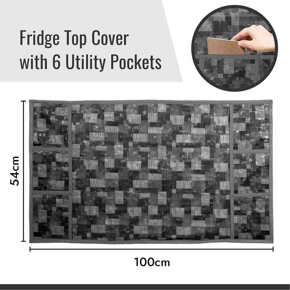 Kuber Industries PVC New Check Fridge Top Cover with 6 Utility Pockets|Gray