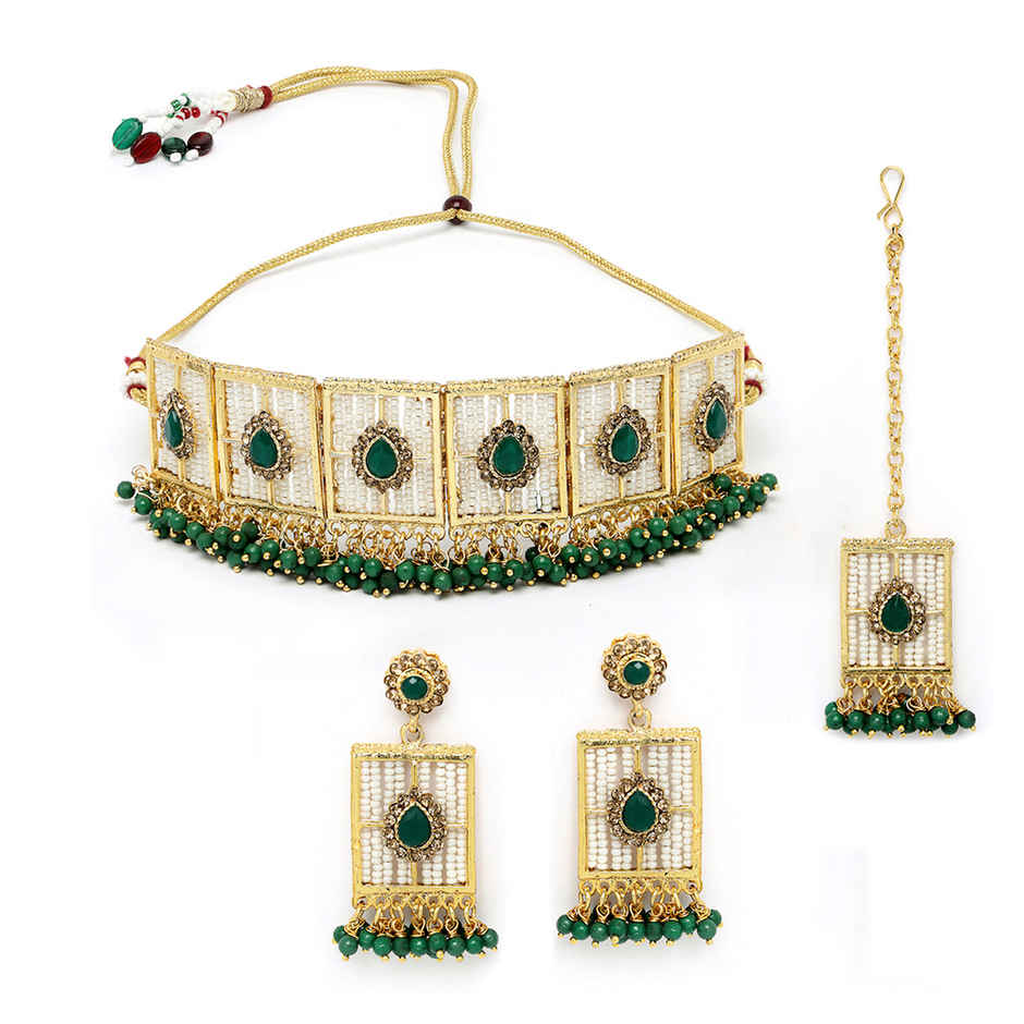 Sukkhi Urban Gold Plated Green Beads Studded Collar Necklace Set