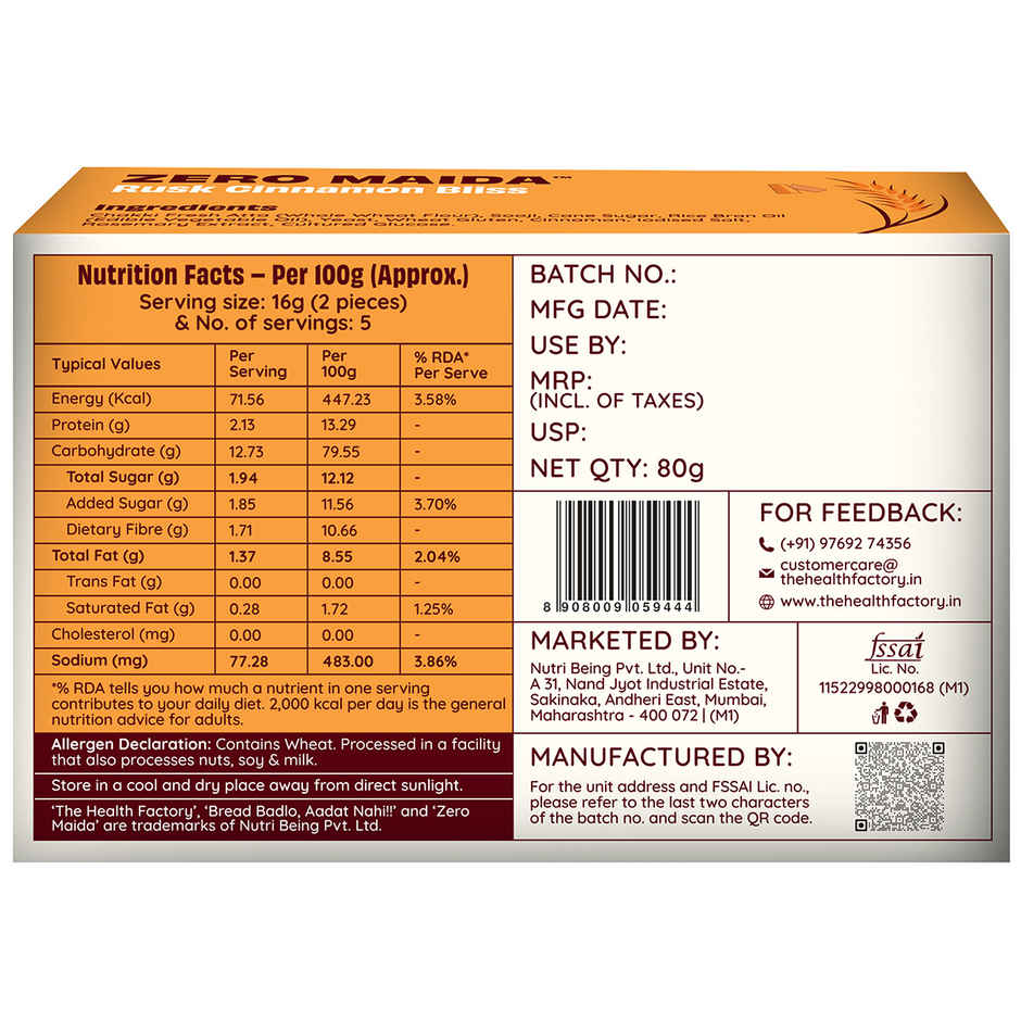 The Health Factory Cinnamon Rusk | Zero Maida | Source of Protein & Fibre | Wheat Rusk Toast | Tea Time Snack