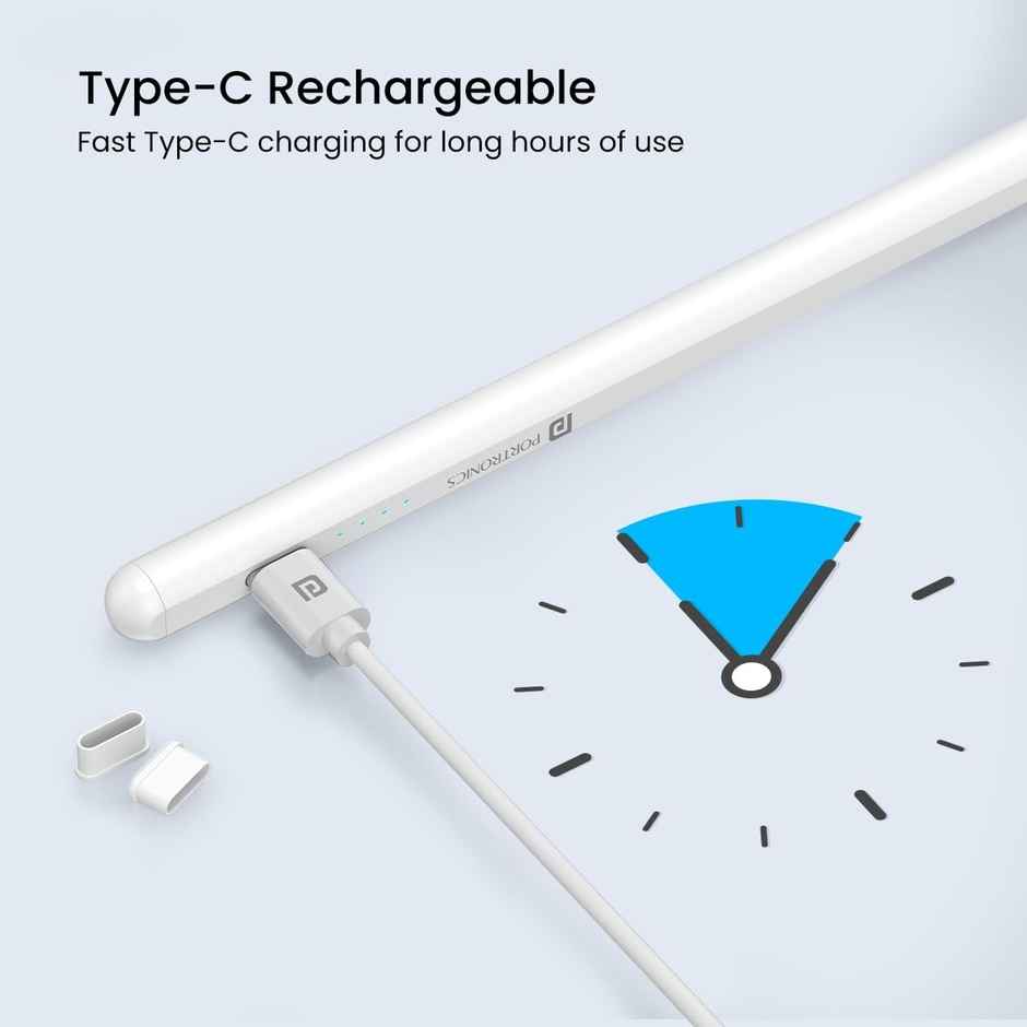 Portronics Glide Stylus Pencil for iPad Tablets with Angle Tilt Sensitivity, Palm Rejection, Attaches Magnetically, Battery LED Indicator, Type-C Charging