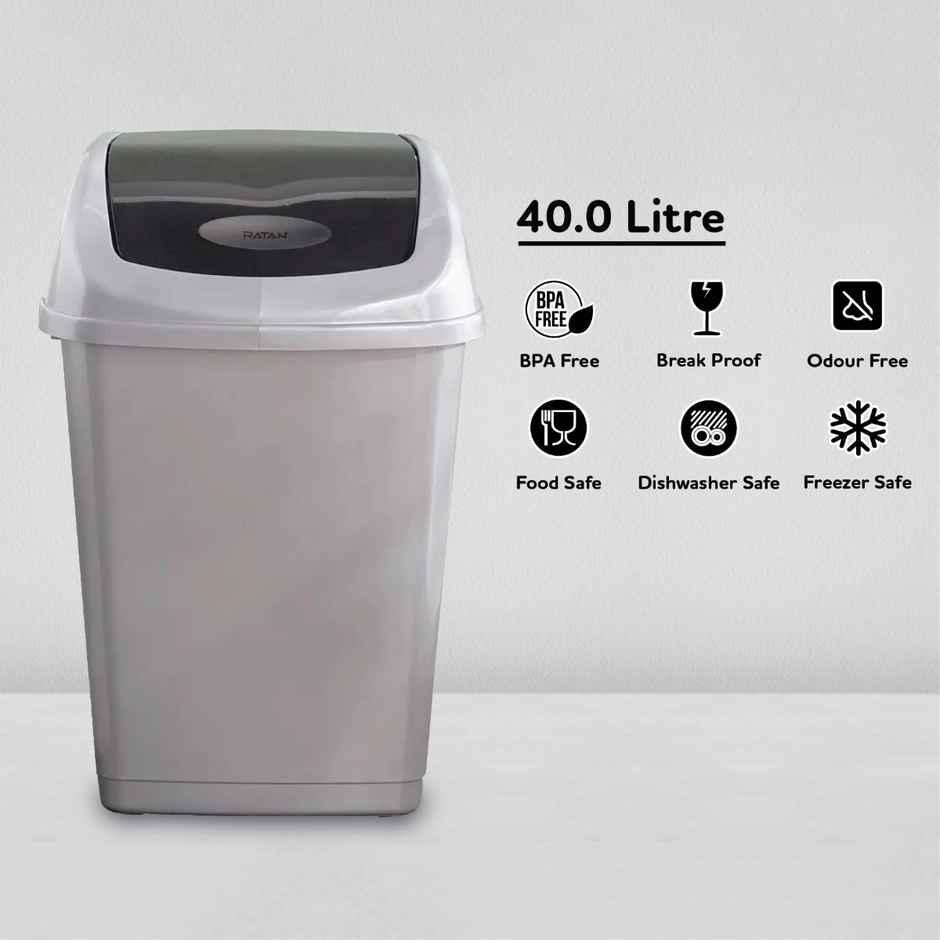 Ratan Plasticware Tidy Bin With Swing Lid 40 Litres Plastic Dustbin - Grey Color