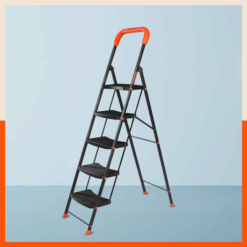 Bathla 5-Step Steel Ladder | Safety Hand Grip, Wide Anti-Slip Steps | Ascend | Orange & Black