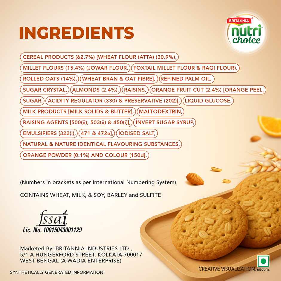 Britannia Nutrichoice Oats Orange & Almond Biscuits | Maida-free and Trans Fat-free
