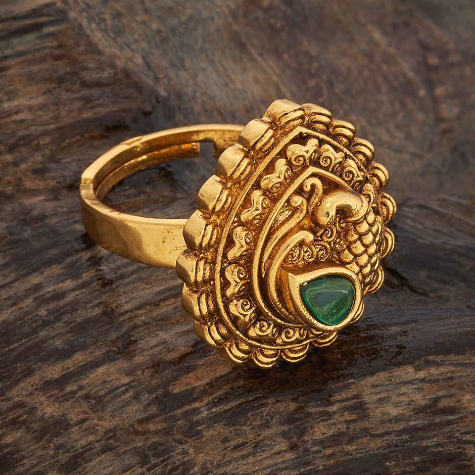 Kushal s Fashion Jewellery Green Gold-Plated Synthetic Stones Antique Finger Ring | 435974
