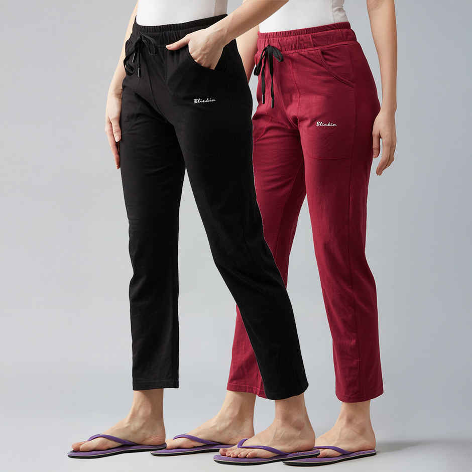 Blinkin Women's Cotton Track Pants With Side Pockets | Black Maroon - L