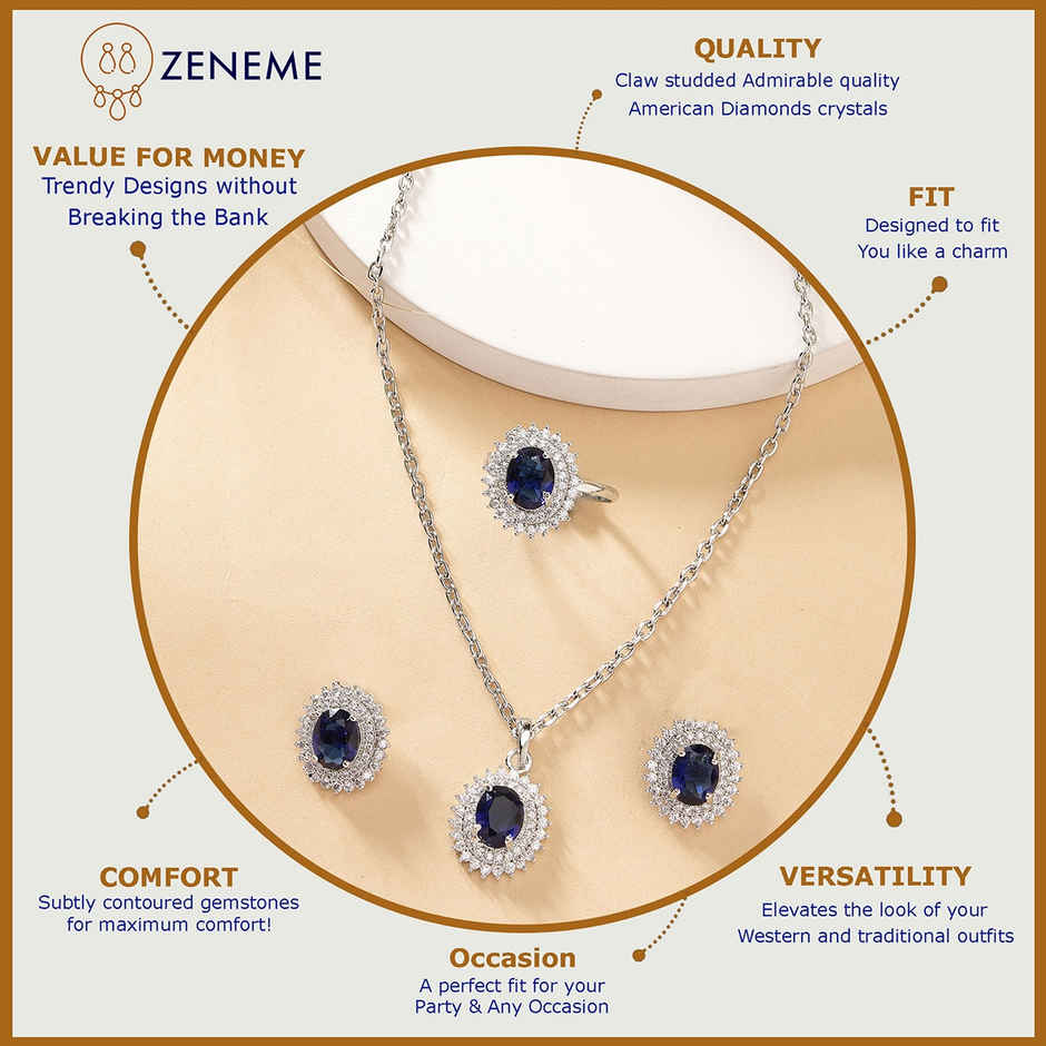Zeneme Rhodium-Plated Blue AD-CZ Oval Halo Necklace Earrings Ring For Women & Girls