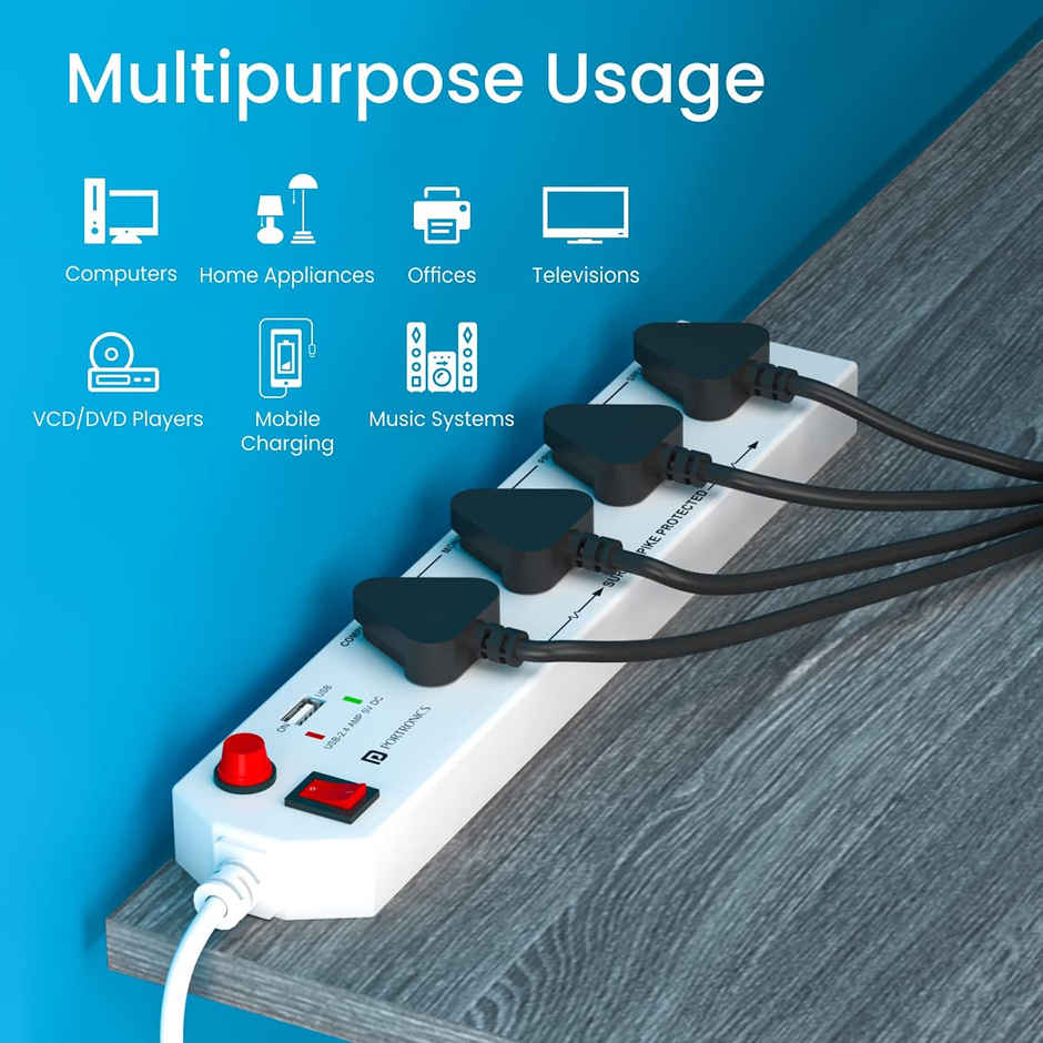 Portronics Power Plate 4 | 4 Power Sockets & 1USB Port Power Converter | 1.5 m | 1500W - White