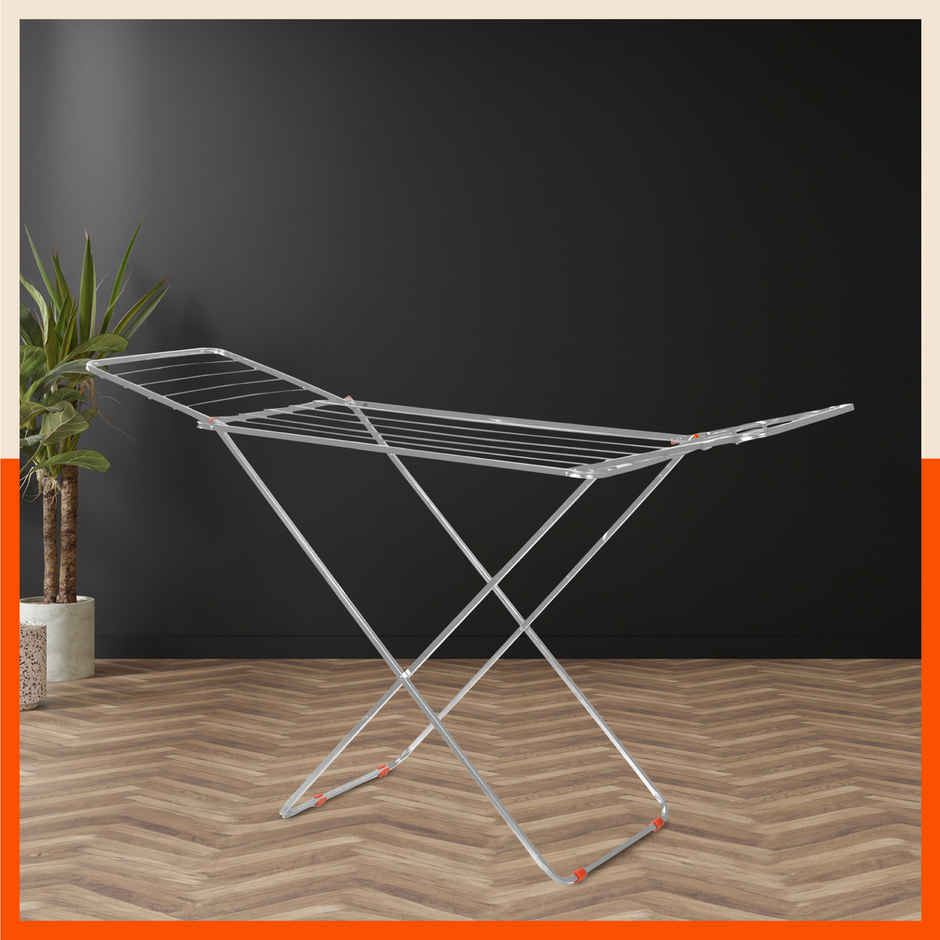 Bathla Foldable Clothes Drying Stand - Silver | Flex | Steel | Heavy Duty & Lightweight