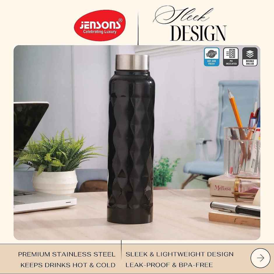 Jensons Stainless Steel Diamond Water Bottle 1 Litre | Leak Proof | Black