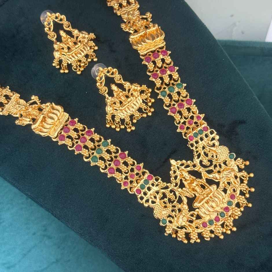The Opal Factory Premium Temple Jewelry Long Haram Necklace Set | Laxmi | Gold Multi - Necklace