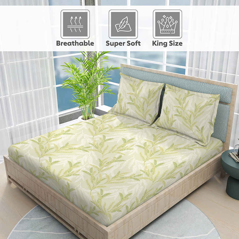 Boutique Living Nature Bouqute 100% Cotton 300 TC Scented King Bedsheet with 2 Pillow Covers (Green Apple Fragrance)