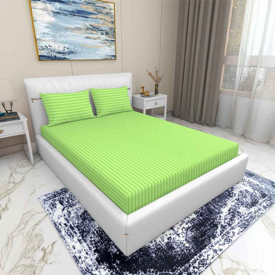 Homeharmony Plain Green Lining Double Bedsheet | With 2 Pillow Covers | Green | 87 x 98 in