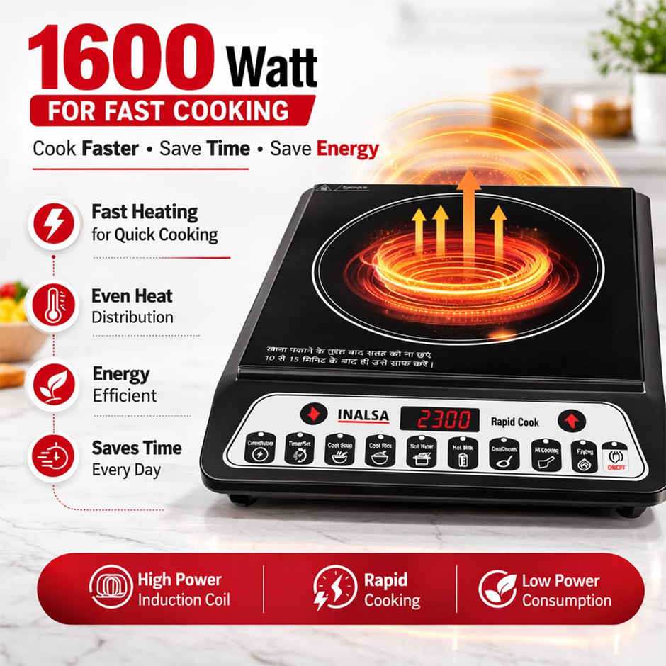 Inalsa 1600W Induction Cooktop with Smart Push Control,Pan Sensor,Variable Timer,Rapid Cook