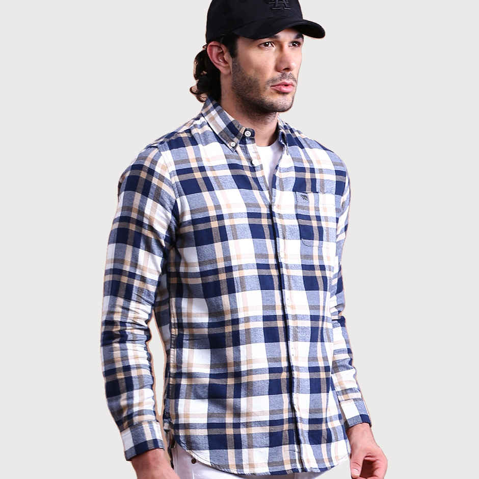 The Bear House Men Slim Fit Checked Cotton Casual Shirt - Eagle | Blue and Grey | XL