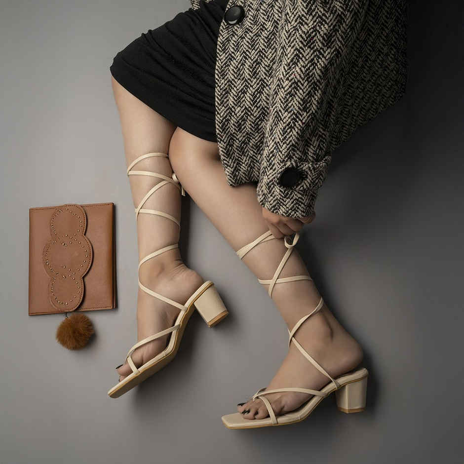 Shoetopia Stylish Tie-up Cream Heeled Sandals Women | UK 6