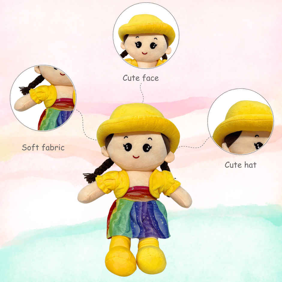 Toytales Soft Toy Doll With Yellow Hat & Rainbow Dress 45 cm | Plushie For Girls Kids | Plush Toy