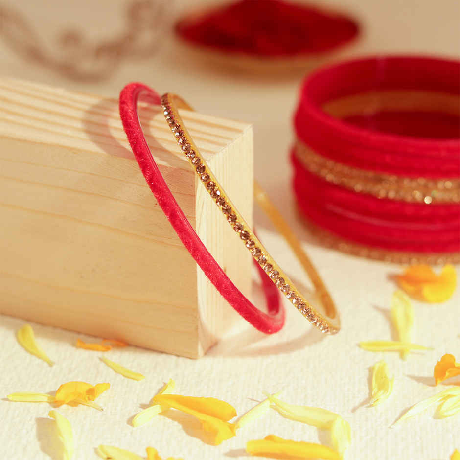 Elegant Velvet Bangles | Traditional Jewellery | Red & Gold | Pack Of 12 | Size 2.4 | Oye Happy