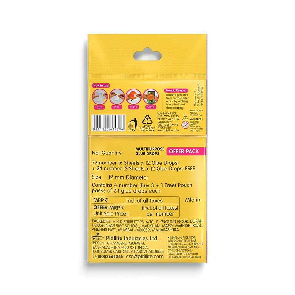 Fevicol Glue Drops For Instant And Non Messy, Easy To Use Just Peel, Apply Stick 3+1 Free 96 Drops Combo