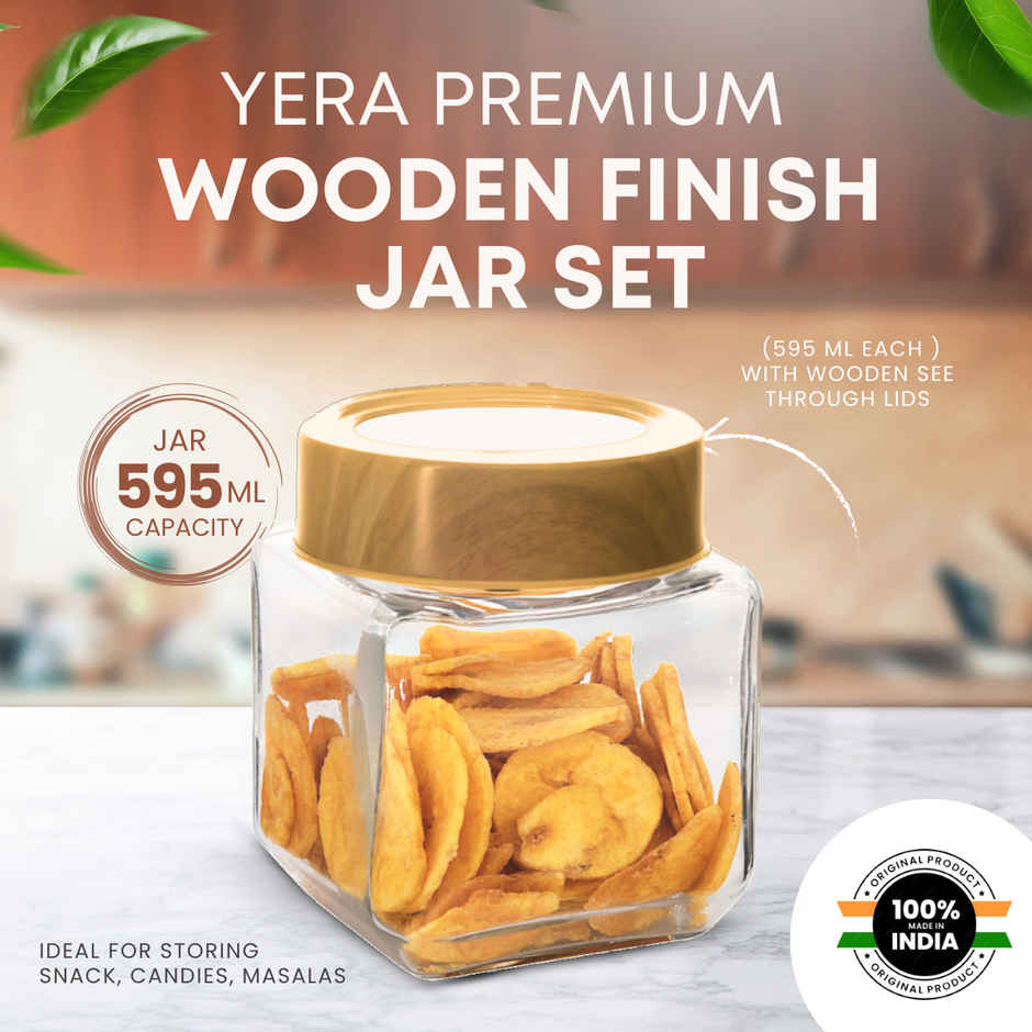 YERA GLASSWARE Premium Woody Airtight Storage Jar Set with Wooden See Through Lids - 595 ml
