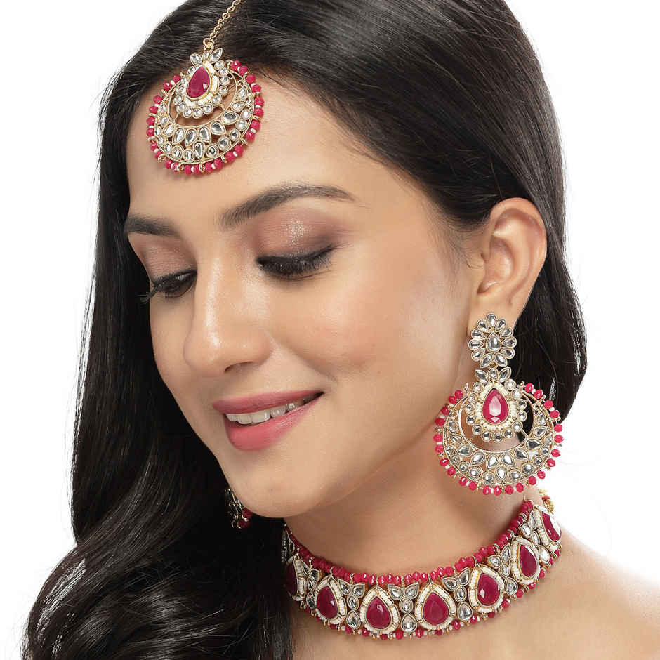 Sukkhi Radiant Gold Plated Rani Pink Kundan & Beads Studded Choker Necklace Set