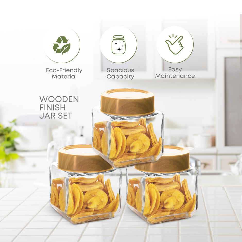 YERA GLASSWARE Premium Woody Airtight Storage Jar Set with Wooden See Through Lids - 320 ml