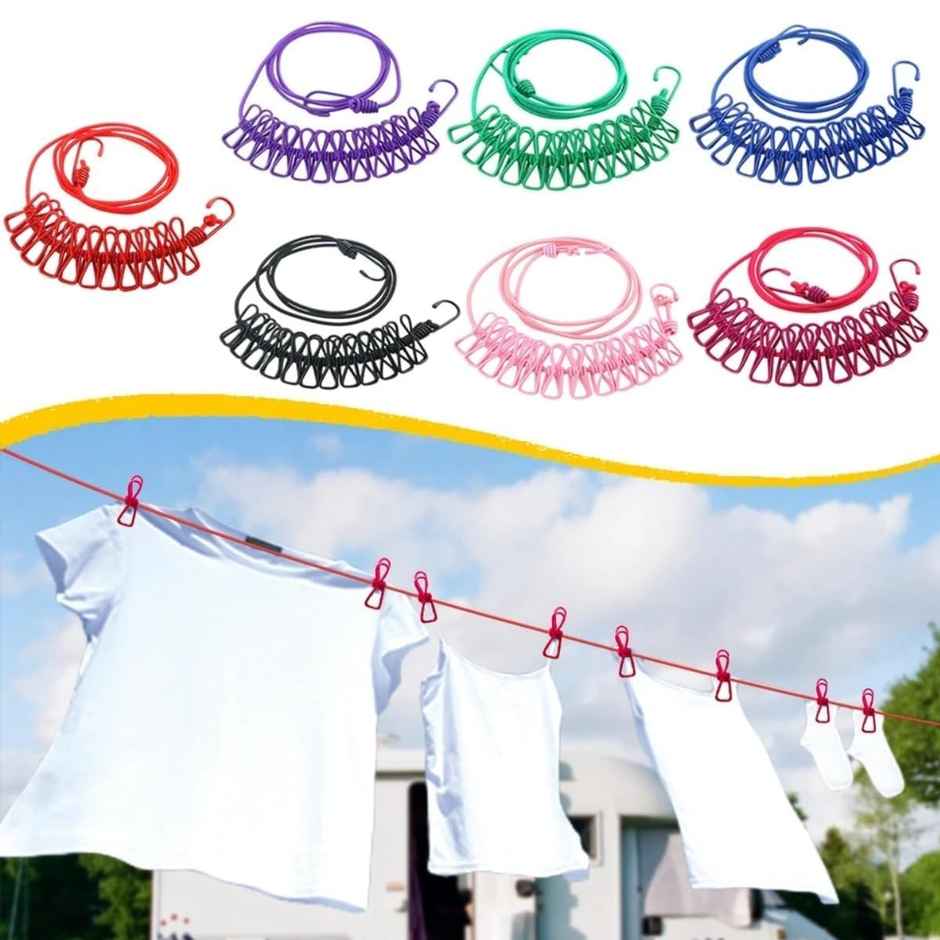 Perpetual Elastic Cloth Drying Rope with Hooks | Travel & Home Use | 2 Pcs