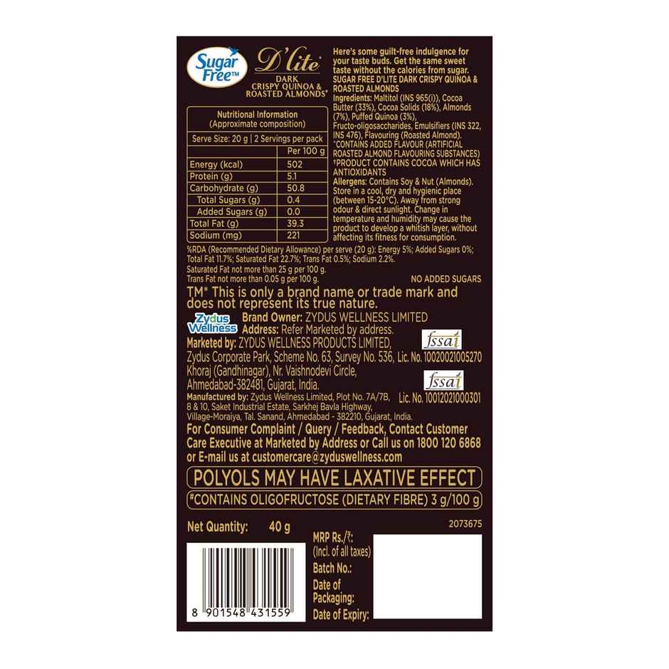 Sugar Free D'lite Quinoa & Almonds Dark Chocolate Bar Combo