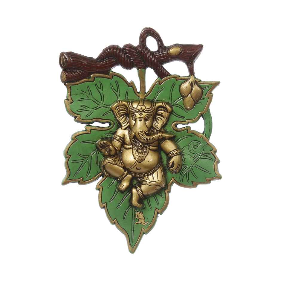 eCraftIndia Dancing Golden Lord Ganesha on Green Leaf Metal Wall Hanging