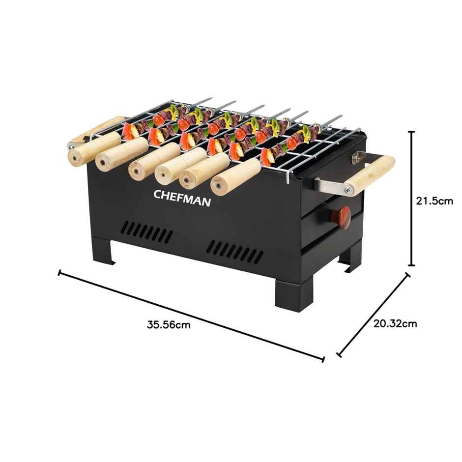 Chefman Portable Charcoal BBQ Grill | 6 Skewers | Ideal For Outdoor Cooking | Black