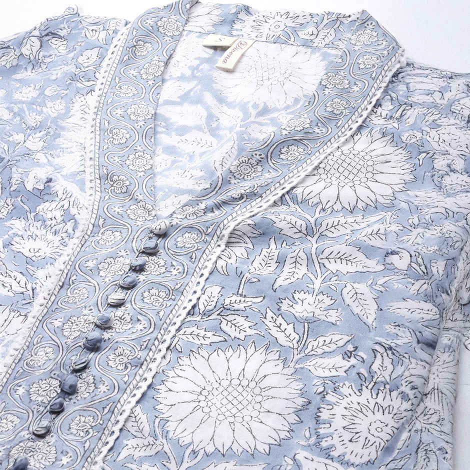 Divena Women s Sky blue Hand Block Printed Straight kurta Pant Set with Dupatta | DK0755 | M