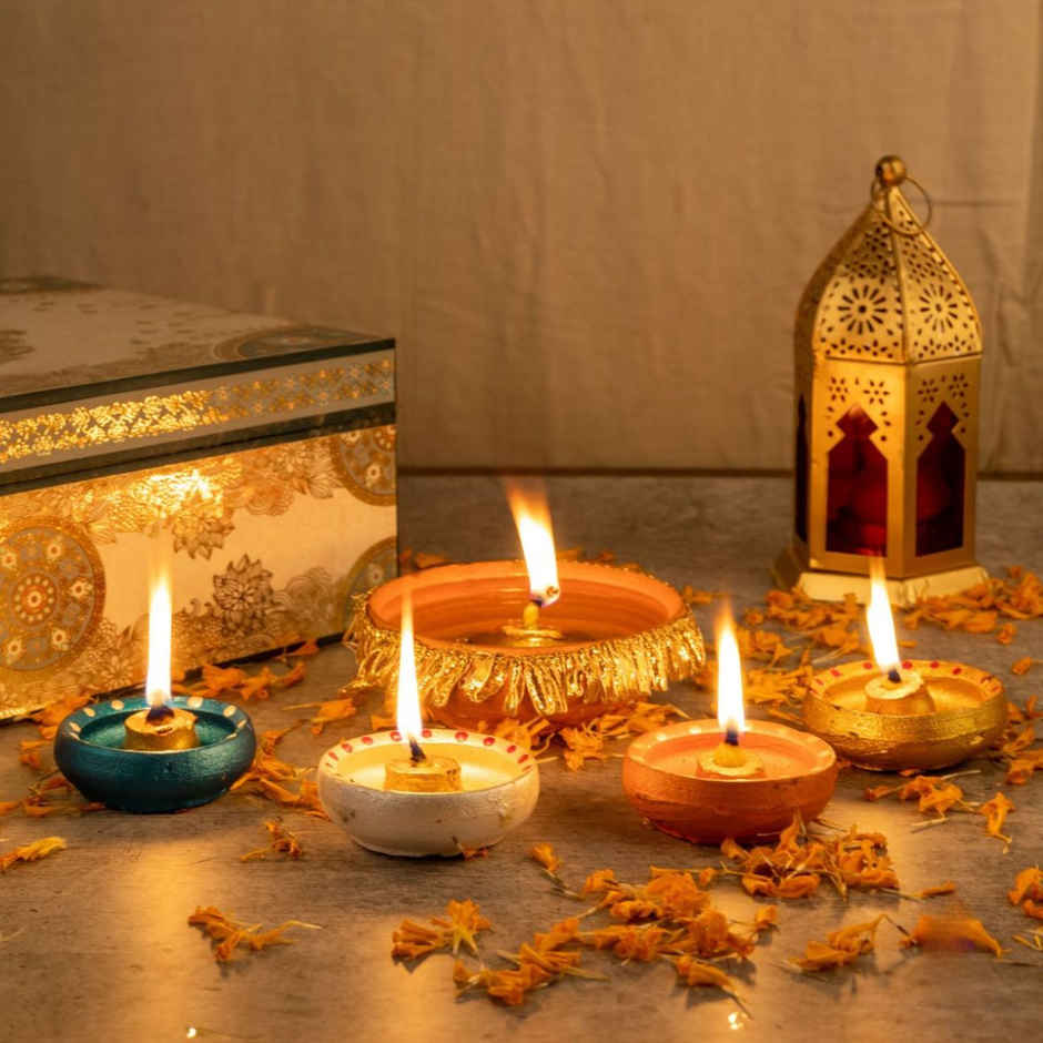 Pooja Special Earthen Diyas | Floral Design | Pack Of 12 | Designer Clay Diya| Mitti Diya-Pooja | Walton