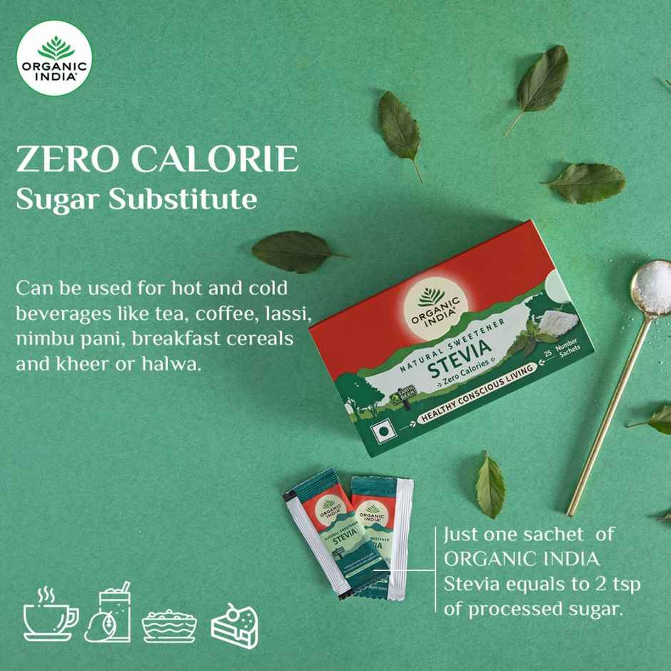 Organic India Stevia Powder, Natural Sweetener, Sugar Free, 25 Sachets Combo