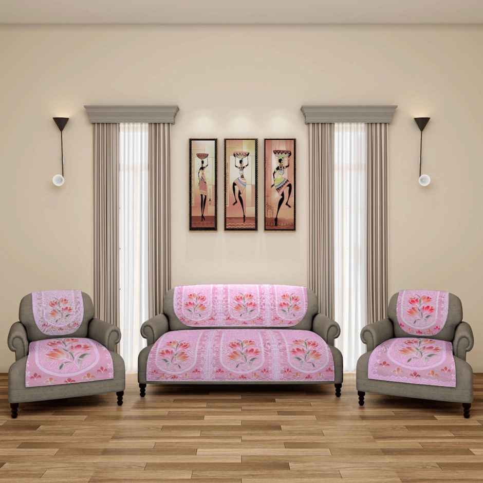 Romee Pink Floral Printed 5-Seater Net Sofa Cover
