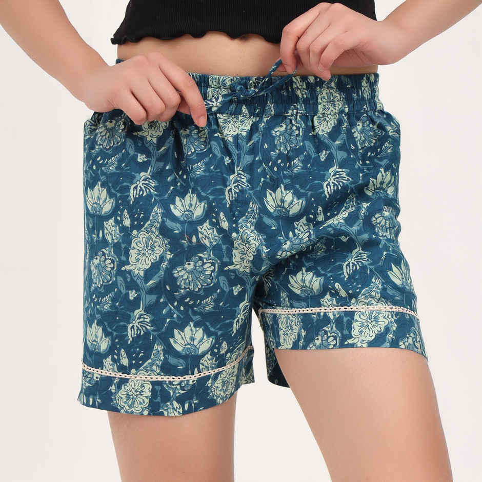 Divena Green Ethnic Motif Print Cotton Shorts for Women | DK0261 - M