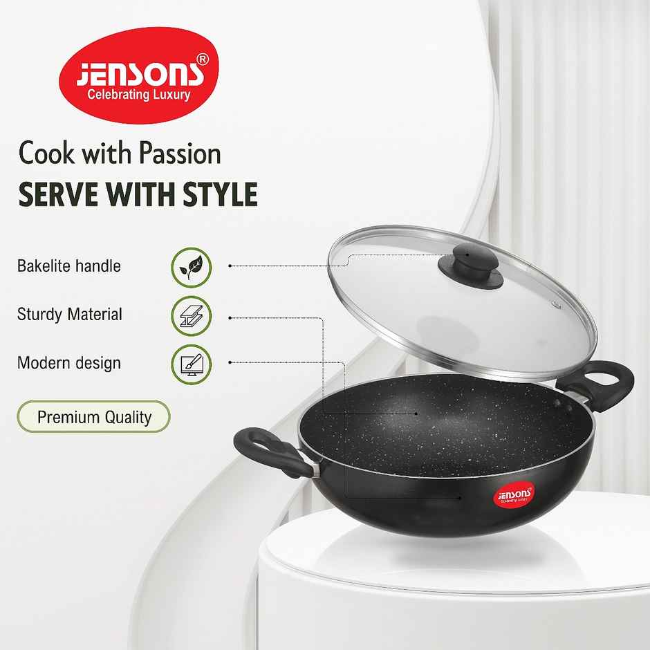 Jensons Non Stick Kadai 24 cm with Glass Lid | Induction & Gas Compatible | 2.5L