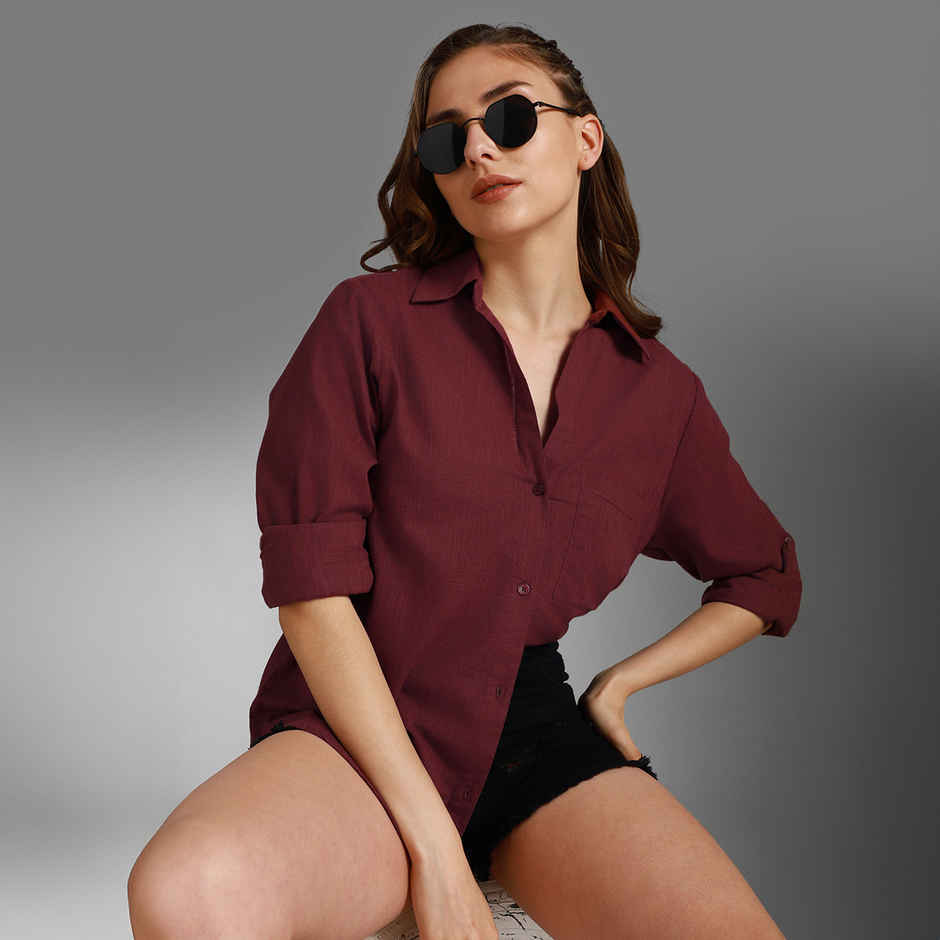 High Star Women's Spread Collar Long Sleeves Cotton Casual Shirt | Maroon - S
