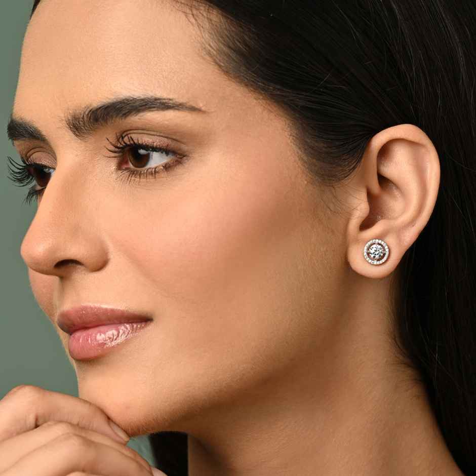 Clara 925 Sterling Silver Halo Round Solitaire Stud Earrings | Platinum Plated | Swiss Zirconia