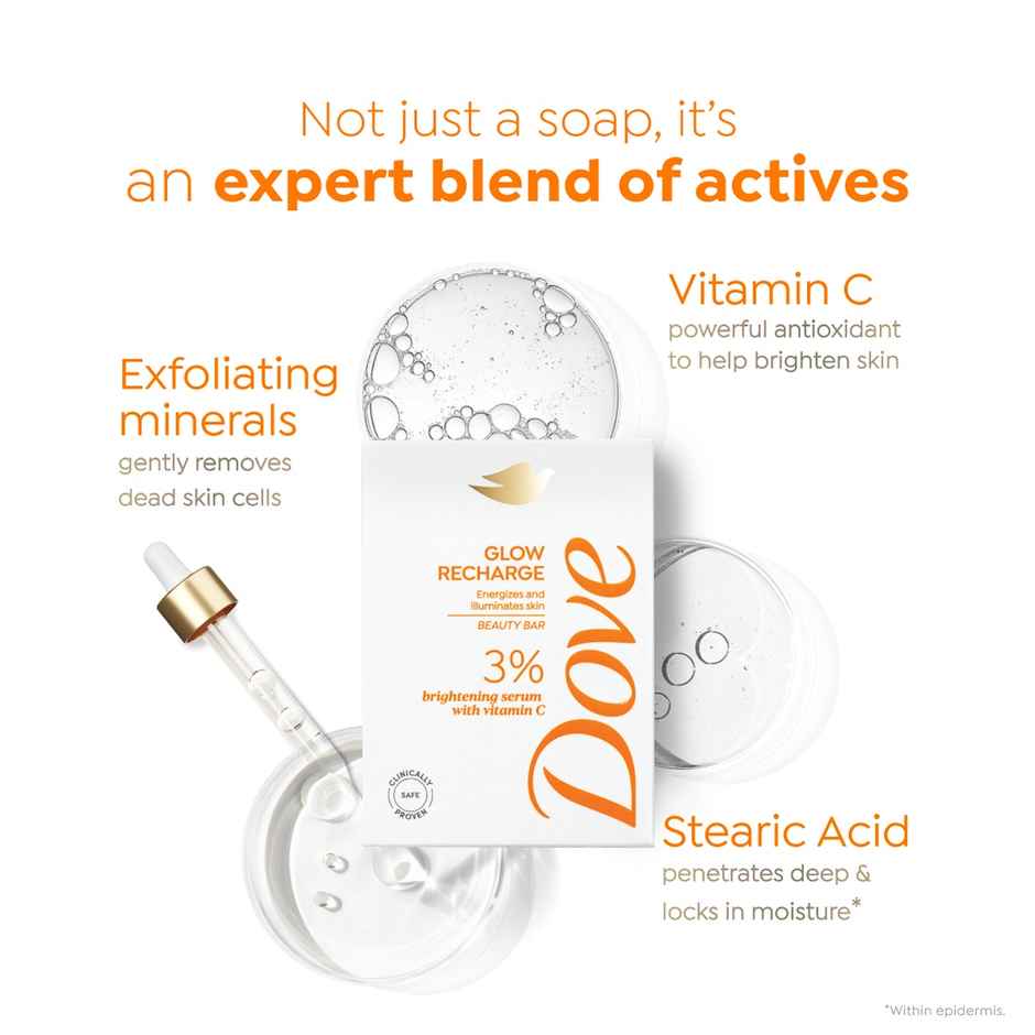 Dove 3% Brightening Serum + Vitamin C Glow Recharge Serum Beauty Bar | Pack of 3