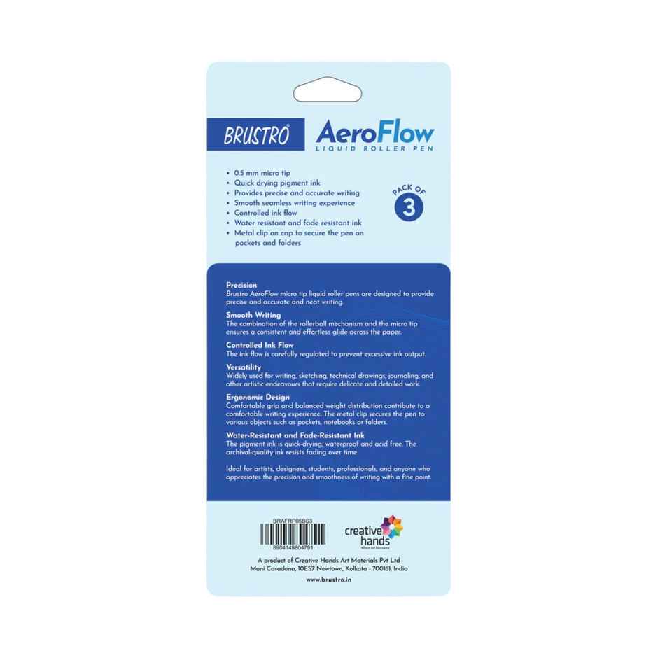 Brustro Aeroflow Liquid Ink Rollerball Pens 0.5 Micro Tip Pack Of 3 | Blue Ink