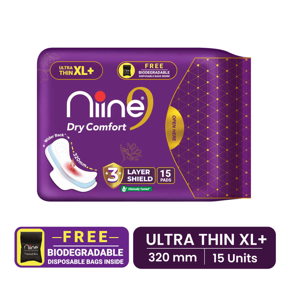Niine Dry Comfort Ultra Thin XL+ Sanitary Pads| 320 mm and Wider Back | with Biodegradable Bags | 15 Pads 