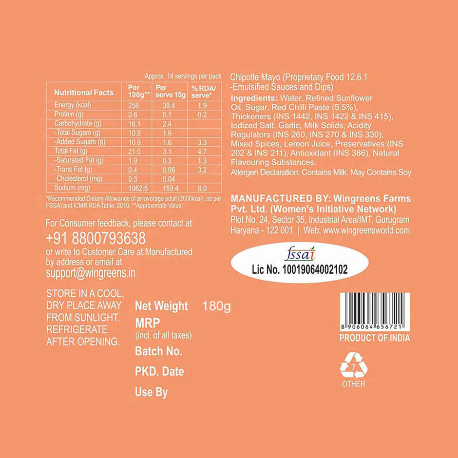 Wingreens Farms Tandoori Mayo(180gms) & Chipotle Mayo Sauce & Spread(180gms) Combo