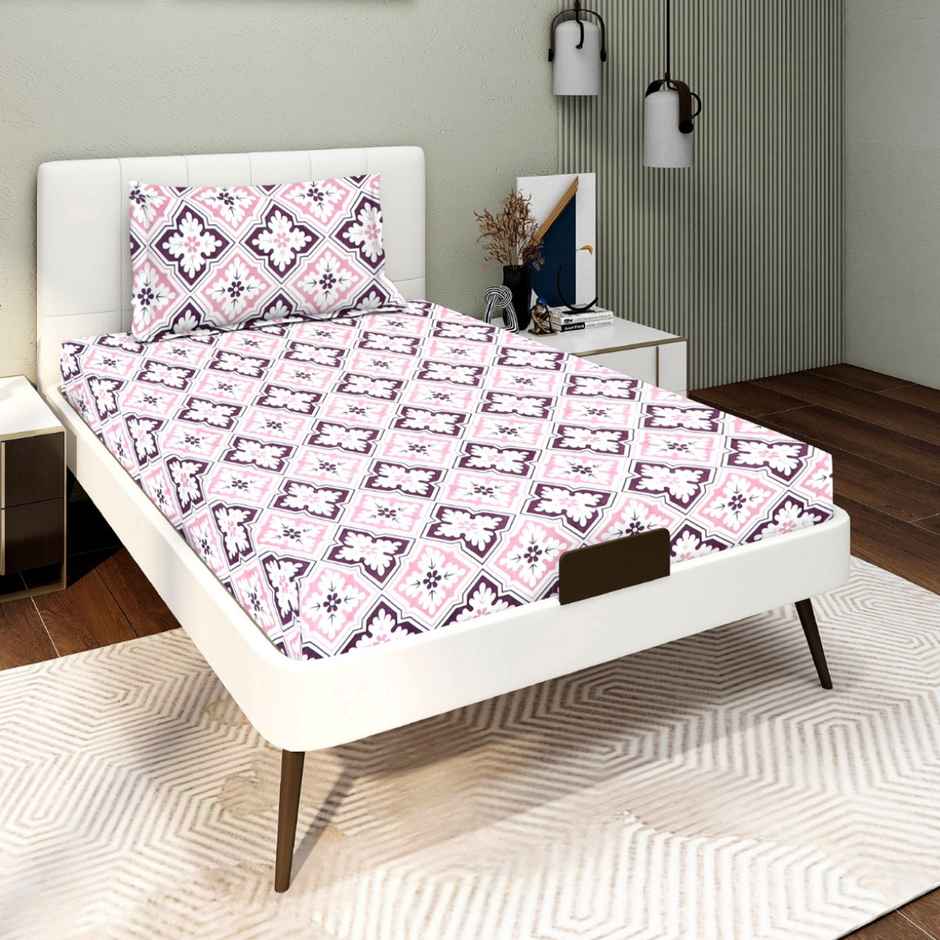 BAY6 Single 110 GSM Microfibre Ethnic Bedsheet | With 1 Pillow Cover | Pink | 59 x 88 in