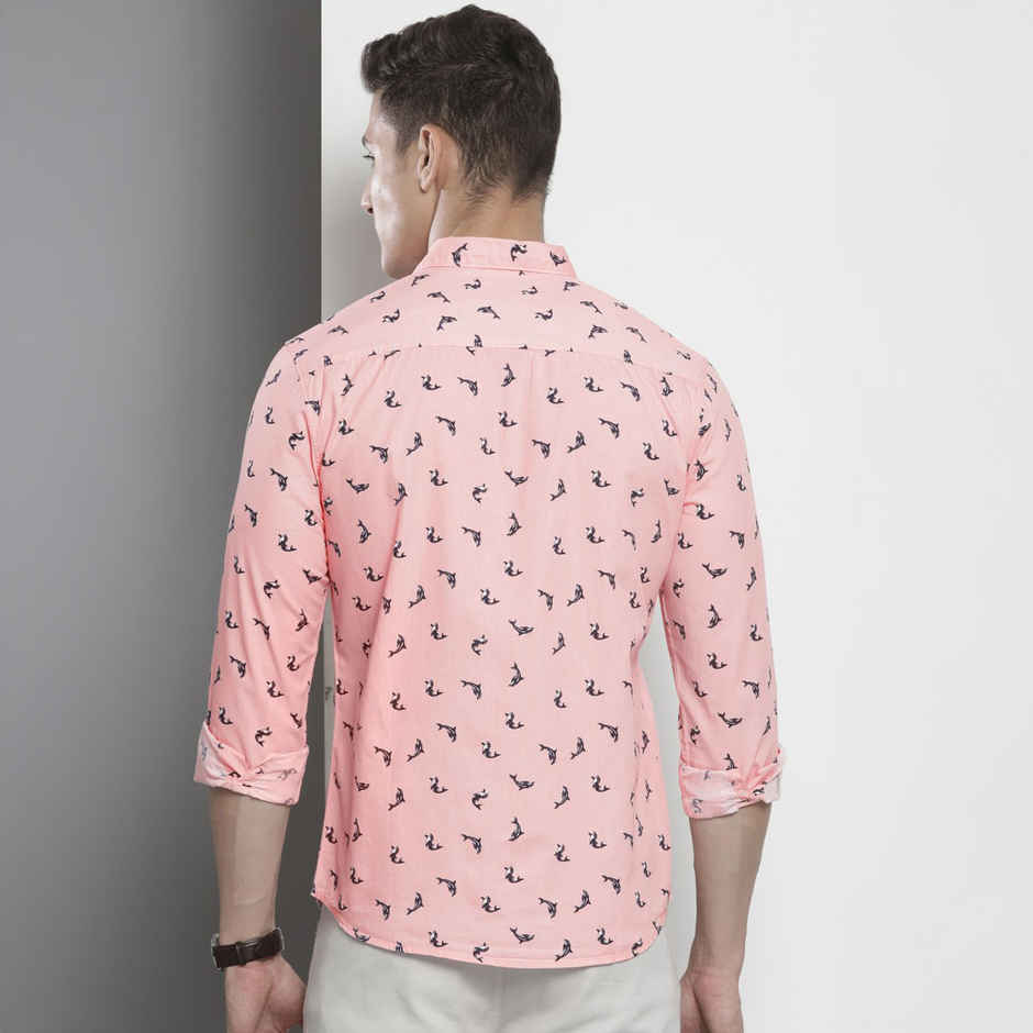 The Indian Garage Co Men's Regular Fit Aqua Print Casual Shirt | Pink - M