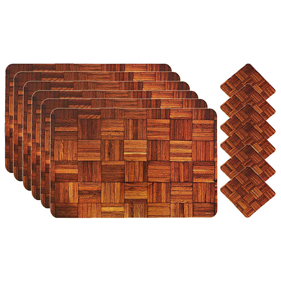 Kuber Industries PVC Wooden Design 6 Piece Dining Table Placemat Set with Tea Coasters|Brown