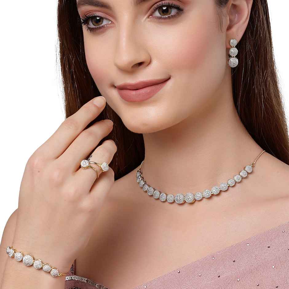 Zeneme Gold-Plated White AD-Studded Jewellery Set For Women & Girls